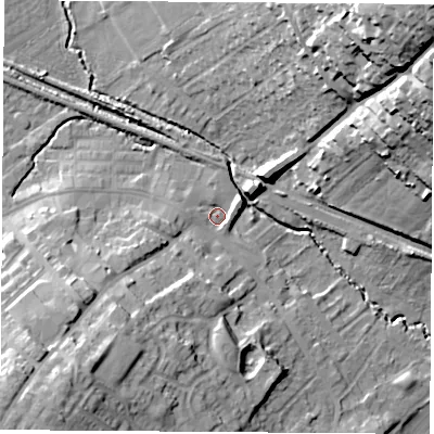 Shaded relief map of the ground around WF92SQ, computed from Environment Agency LiDAR. The ground here sits at about 26 m above sea level and falls 42 m across the surrounding 800 m. Surface water reaching this point runs off ground lying to the east-north-east, 4.1 m higher.