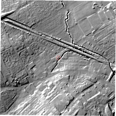 Shaded relief map of the ground around WF92UZ, computed from Environment Agency LiDAR. The ground here sits at about 27 m above sea level and falls 19 m across the surrounding 800 m. Surface water reaching this point runs off ground lying to the south, 16.6 m higher.