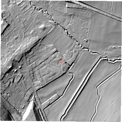 Shaded relief map of the ground around WF92WJ, computed from Environment Agency LiDAR. The ground here sits at about 20 m above sea level and falls 34 m across the surrounding 800 m. Surface water reaching this point runs off ground lying to the west, 9.1 m higher.