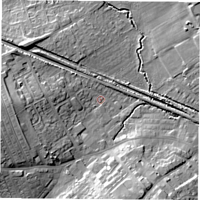 Shaded relief map of the ground around WF92XE, computed from Environment Agency LiDAR. The ground here sits at about 28 m above sea level and falls 16 m across the surrounding 800 m. Surface water reaching this point runs off ground lying to the west, 11.7 m higher.