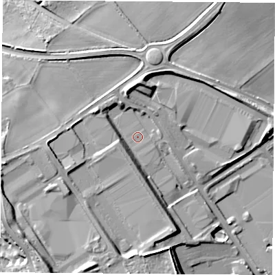 Shaded relief map of the ground around WF92XS, computed from Environment Agency LiDAR. The ground here sits at about 60 m above sea level and falls 17 m across the surrounding 800 m. Surface water reaching this point runs off ground lying to the south-west, 12.4 m higher.