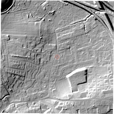 Shaded relief map of the ground around WF93DB, computed from Environment Agency LiDAR. The ground here sits at about 31 m above sea level and falls 21 m across the surrounding 800 m. Surface water reaching this point runs off ground lying to the west-south-west, 10.8 m higher.