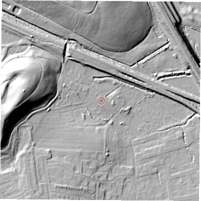 Shaded relief map of the ground around WF93DF, computed from Environment Agency LiDAR. The ground here sits at about 31 m above sea level and falls 29 m across the surrounding 800 m. Surface water reaching this point runs off ground lying to the west-north-west, 1.5 m higher.