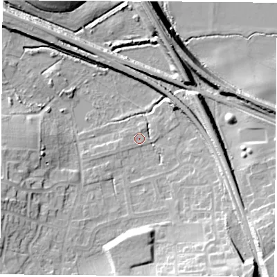 Shaded relief map of the ground around WF93DL, computed from Environment Agency LiDAR. The ground here sits at about 30 m above sea level and falls 19 m across the surrounding 800 m. Surface water reaching this point runs off ground lying to the south-east, 16.6 m higher.