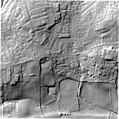 Shaded relief map of the ground around WF93DP, computed from Environment Agency LiDAR. The ground here sits at about 55 m above sea level and falls 20 m across the surrounding 800 m. Surface water reaching this point runs off ground lying to the west, 6.0 m higher.