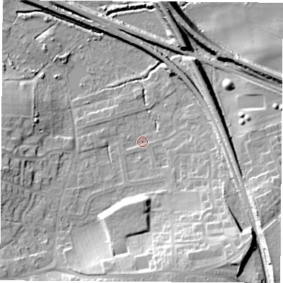 Shaded relief map of the ground around WF93DQ, computed from Environment Agency LiDAR. The ground here sits at about 30 m above sea level and falls 20 m across the surrounding 800 m. Surface water reaching this point runs off ground lying to the south-east, 17.7 m higher.
