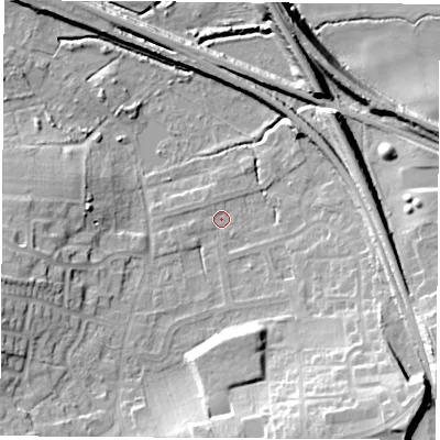 Shaded relief map of the ground around WF93SF, computed from Environment Agency LiDAR. The ground here sits at about 30 m above sea level and falls 20 m across the surrounding 800 m. Surface water reaching this point runs off ground lying to the south-east, 18.1 m higher.