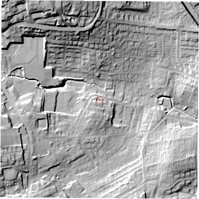 Shaded relief map of the ground around WF94BH, computed from Environment Agency LiDAR. The ground here sits at about 53 m above sea level and falls 33 m across the surrounding 800 m. Surface water reaching this point runs off ground lying to the south-south-west, 4.7 m higher.