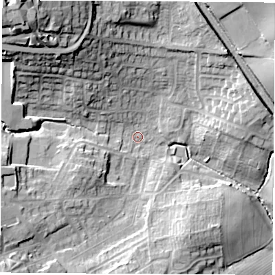 Shaded relief map of the ground around WF94BJ, computed from Environment Agency LiDAR. The ground here sits at about 47 m above sea level and falls 36 m across the surrounding 800 m. Surface water reaching this point runs off ground lying to the west-north-west, 20.9 m higher.