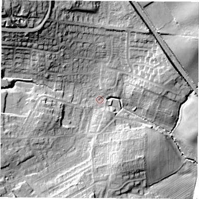 Shaded relief map of the ground around WF94JB, computed from Environment Agency LiDAR. The ground here sits at about 47 m above sea level and falls 35 m across the surrounding 800 m. Surface water reaching this point runs off ground lying to the north-west, 30.0 m higher.