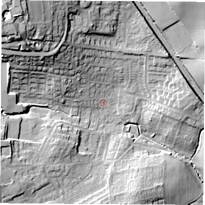Shaded relief map of the ground around WF94JD, computed from Environment Agency LiDAR. The ground here sits at about 48 m above sea level and falls 36 m across the surrounding 800 m. Surface water reaching this point runs off ground lying to the north-west, 18.3 m higher.