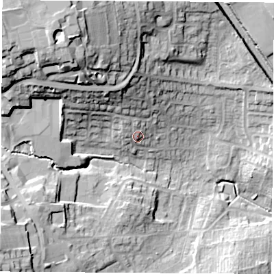 Shaded relief map of the ground around WF94JE, computed from Environment Agency LiDAR. The ground here sits at about 55 m above sea level and falls 34 m across the surrounding 800 m. Surface water reaching this point runs off ground lying to the north-west, 4.9 m higher.
