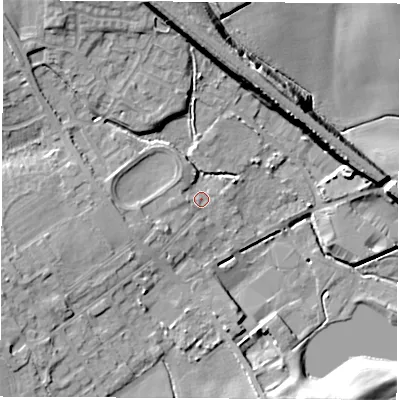 Shaded relief map of the ground around WF95EG, computed from Environment Agency LiDAR. The ground here sits at about 44 m above sea level and falls 16 m across the surrounding 800 m. Surface water reaching this point runs off ground lying to the west, 3.6 m higher.