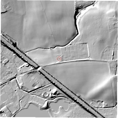 Shaded relief map of the ground around WF95JB, computed from Environment Agency LiDAR. The ground here sits at about 43 m above sea level and falls 19 m across the surrounding 800 m. Surface water reaching this point runs off ground lying to the south-west, 2.0 m higher.