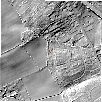 Shaded relief map of the ground around WF95JP, computed from Environment Agency LiDAR. The ground here sits at about 52 m above sea level and falls 19 m across the surrounding 800 m. Surface water reaching this point runs off ground lying to the north-west, 7.2 m higher.