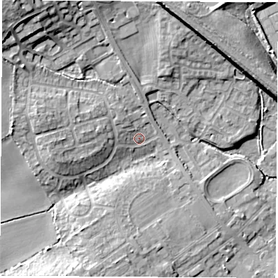 Shaded relief map of the ground around WF95JQ, computed from Environment Agency LiDAR. The ground here sits at about 47 m above sea level and falls 20 m across the surrounding 800 m. Surface water reaching this point runs off ground lying to the west-north-west, 6.4 m higher.