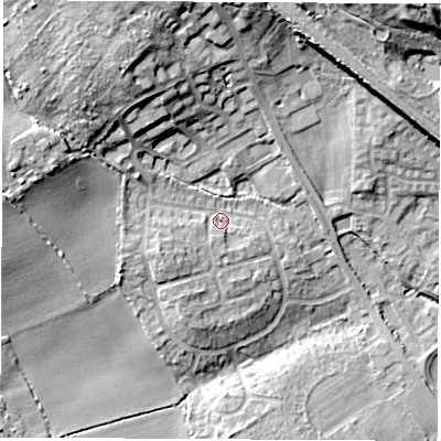 Shaded relief map of the ground around WF95JW, computed from Environment Agency LiDAR. The ground here sits at about 50 m above sea level and falls 21 m across the surrounding 800 m. Surface water reaching this point runs off ground lying to the north-north-west, 14.1 m higher.