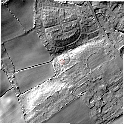 Shaded relief map of the ground around WF95LB, computed from Environment Agency LiDAR. The ground here sits at about 49 m above sea level and falls 15 m across the surrounding 800 m. Surface water reaching this point runs off ground lying to the south-south-east, 2.2 m higher.