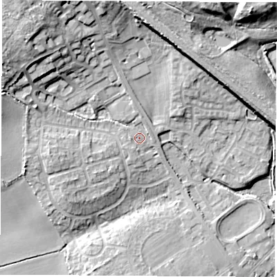 Shaded relief map of the ground around WF95LE, computed from Environment Agency LiDAR. The ground here sits at about 48 m above sea level and falls 21 m across the surrounding 800 m. Surface water reaching this point runs off ground lying to the north-west, 15.4 m higher.