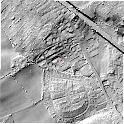 Shaded relief map of the ground around WF95NB, computed from Environment Agency LiDAR. The ground here sits at about 50 m above sea level and falls 24 m across the surrounding 800 m. Surface water reaching this point runs off ground lying to the north-west, 9.4 m higher.
