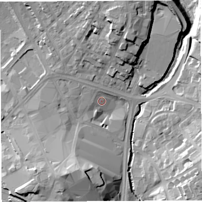 Shaded relief map of the ground around WN11AF, computed from Environment Agency LiDAR. The ground here sits at about 36 m above sea level and falls 20 m across the surrounding 800 m. Surface water reaching this point runs off ground lying to the north-west, 2.6 m higher.