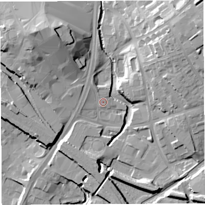 Shaded relief map of the ground around WN11BL, computed from Environment Agency LiDAR. The ground here sits at about 34 m above sea level and falls 23 m across the surrounding 800 m. Surface water reaching this point runs off ground lying to the west-north-west, 2.0 m higher.