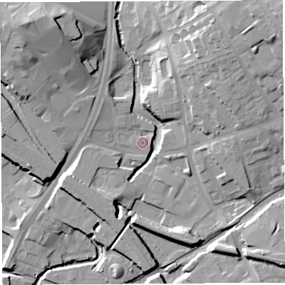 Shaded relief map of the ground around WN11DW, computed from Environment Agency LiDAR. The ground here sits at about 33 m above sea level and falls 25 m across the surrounding 800 m. Surface water reaching this point runs off ground lying to the north-east, 17.6 m higher.