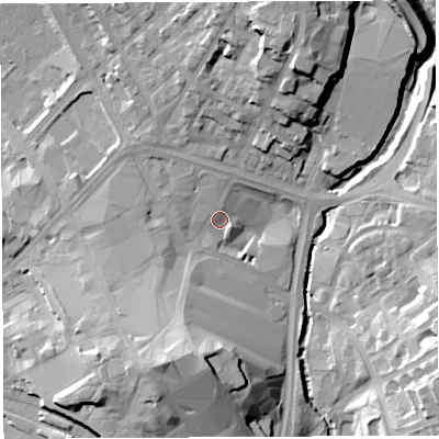 Shaded relief map of the ground around WN11UP, computed from Environment Agency LiDAR. The ground here sits at about 37 m above sea level and falls 20 m across the surrounding 800 m. Surface water reaching this point runs off ground lying to the south-south-west, 14.2 m higher.