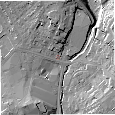 Shaded relief map of the ground around WN11XD, computed from Environment Agency LiDAR. The ground here sits at about 36 m above sea level and falls 27 m across the surrounding 800 m. Surface water reaching this point runs off ground lying to the north, 16.7 m higher.