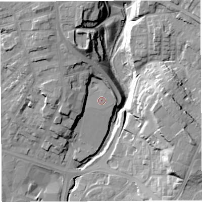 Shaded relief map of the ground around WN11XE, computed from Environment Agency LiDAR. The ground here sits at about 41 m above sea level and falls 28 m across the surrounding 800 m. The ground contributing surface water to this point lies to the south-south-west.
