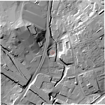 Shaded relief map of the ground around WN11YF, computed from Environment Agency LiDAR. The ground here sits at about 32 m above sea level and falls 22 m across the surrounding 800 m. Surface water reaching this point runs off ground lying to the east-north-east, 18.7 m higher.