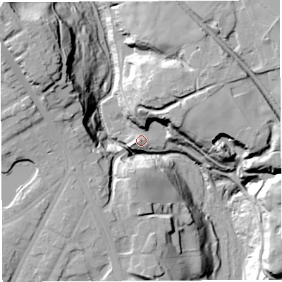 Shaded relief map of the ground around WN12SA, computed from Environment Agency LiDAR. The ground here sits at about 45 m above sea level and falls 44 m across the surrounding 800 m. Surface water reaching this point runs off ground lying to the north-east, 24.5 m higher.