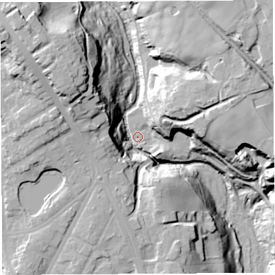 Shaded relief map of the ground around WN12SB, computed from Environment Agency LiDAR. The ground here sits at about 41 m above sea level and falls 44 m across the surrounding 800 m. Surface water reaching this point runs off ground lying to the north-west, 40.1 m higher.