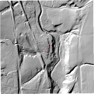 Shaded relief map of the ground around WN12TE, computed from Environment Agency LiDAR. The ground here sits at about 64 m above sea level and falls 42 m across the surrounding 800 m. Surface water reaching this point runs off ground lying to the north-north-west, 5.5 m higher.