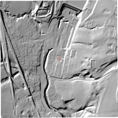 Shaded relief map of the ground around WN12TT, computed from Environment Agency LiDAR. The ground here sits at about 55 m above sea level and falls 45 m across the surrounding 800 m. Surface water reaching this point runs off ground lying to the east, 29.7 m higher.