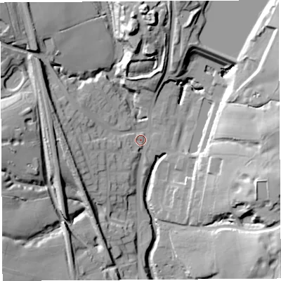 Shaded relief map of the ground around WN12TX, computed from Environment Agency LiDAR. The ground here sits at about 55 m above sea level and falls 35 m across the surrounding 800 m. Surface water reaching this point runs off ground lying to the west, 14.0 m higher.
