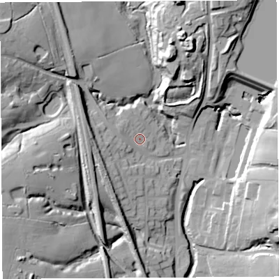 Shaded relief map of the ground around WN12TY, computed from Environment Agency LiDAR. The ground here sits at about 59 m above sea level and falls 33 m across the surrounding 800 m. Surface water reaching this point runs off ground lying to the west, 6.5 m higher.