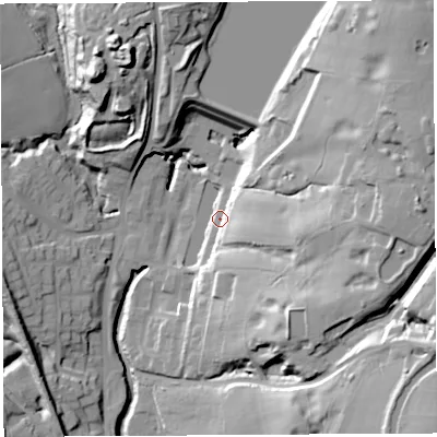 Shaded relief map of the ground around WN12UU, computed from Environment Agency LiDAR. The ground here sits at about 58 m above sea level and falls 47 m across the surrounding 800 m. Surface water reaching this point runs off ground lying to the east, 34.8 m higher.