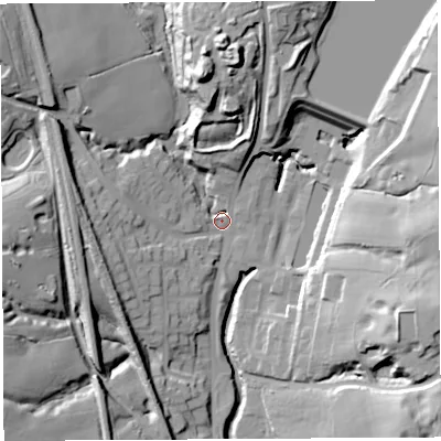 Shaded relief map of the ground around WN12UY, computed from Environment Agency LiDAR. The ground here sits at about 55 m above sea level and falls 35 m across the surrounding 800 m. Surface water reaching this point runs off ground lying to the north, 28.1 m higher.