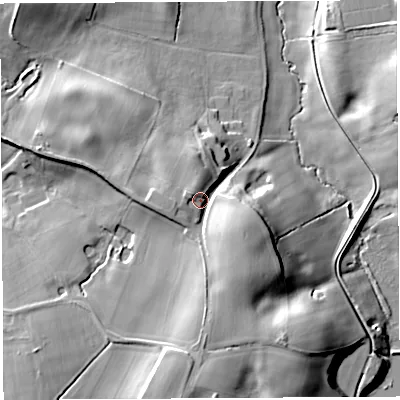 Shaded relief map of the ground around WN12XJ, computed from Environment Agency LiDAR. The ground here sits at about 79 m above sea level and falls 23 m across the surrounding 800 m. Surface water reaching this point runs off ground lying to the south-east, 9.9 m higher.