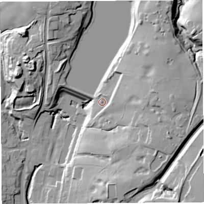 Shaded relief map of the ground around WN12XP, computed from Environment Agency LiDAR. The ground here sits at about 71 m above sea level and falls 46 m across the surrounding 800 m. Surface water reaching this point runs off ground lying to the east, 12.2 m higher.