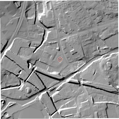 Shaded relief map of the ground around WN13AB, computed from Environment Agency LiDAR. The ground here sits at about 33 m above sea level and falls 23 m across the surrounding 800 m. Surface water reaching this point runs off ground lying to the north, 1.2 m higher.