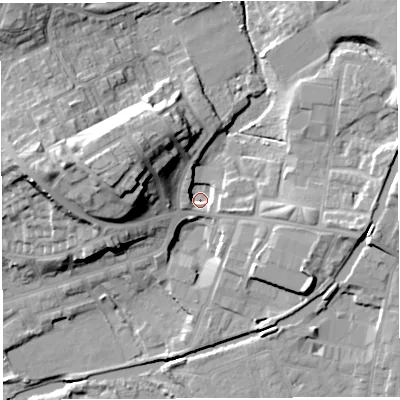 Shaded relief map of the ground around WN13AD, computed from Environment Agency LiDAR. The ground here sits at about 42 m above sea level and falls 24 m across the surrounding 800 m. Surface water reaching this point runs off ground lying to the east-south-east, 5.0 m higher.