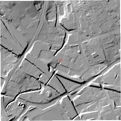 Shaded relief map of the ground around WN13AE, computed from Environment Agency LiDAR. The ground here sits at about 33 m above sea level and falls 21 m across the surrounding 800 m. Surface water reaching this point runs off ground lying to the south-west, 9.1 m higher.
