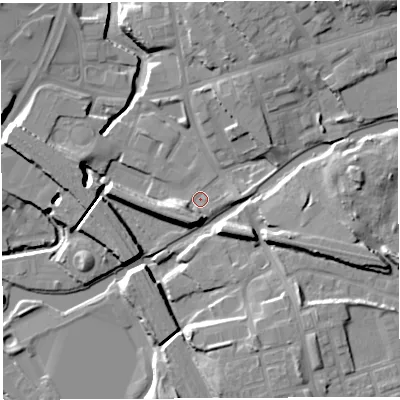 Shaded relief map of the ground around WN13AQ, computed from Environment Agency LiDAR. The ground here sits at about 33 m above sea level and falls 20 m across the surrounding 800 m. Surface water reaching this point runs off ground lying to the north-north-east, 7.2 m higher.