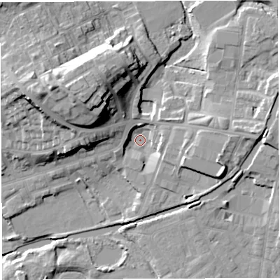 Shaded relief map of the ground around WN13BQ, computed from Environment Agency LiDAR. The ground here sits at about 41 m above sea level and falls 25 m across the surrounding 800 m. Surface water reaching this point runs off ground lying to the north-west, 18.9 m higher.