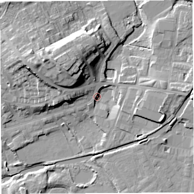 Shaded relief map of the ground around WN13BT, computed from Environment Agency LiDAR. The ground here sits at about 43 m above sea level and falls 25 m across the surrounding 800 m. Surface water reaching this point runs off ground lying to the north-north-west, 5.0 m higher.