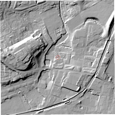 Shaded relief map of the ground around WN13HE, computed from Environment Agency LiDAR. The ground here sits at about 43 m above sea level and falls 21 m across the surrounding 800 m. Surface water reaching this point runs off ground lying to the west, 19.2 m higher.