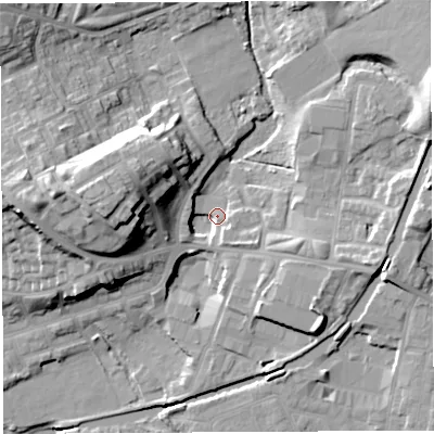 Shaded relief map of the ground around WN13HT, computed from Environment Agency LiDAR. The ground here sits at about 43 m above sea level and falls 23 m across the surrounding 800 m. Surface water reaching this point runs off ground lying to the east-north-east, 12.8 m higher.