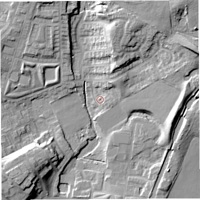 Shaded relief map of the ground around WN13NF, computed from Environment Agency LiDAR. The ground here sits at about 45 m above sea level and falls 27 m across the surrounding 800 m. Surface water reaching this point runs off ground lying to the north-north-east, 21.5 m higher.